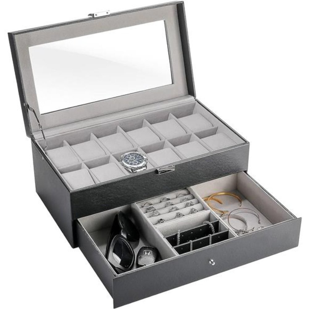 12 Slots Watch Box with Drawer, PU Leather Boxes w/ Glass Lid &  Pillow - Black
